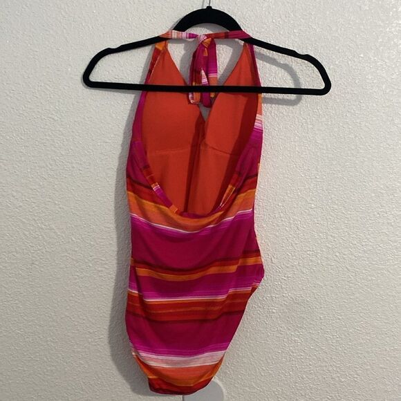 NWT- TRINA TURK-Solstice Stripe (pink/orange/red) Plunge Swimsuit-Size 10 - Picture 8 of 12